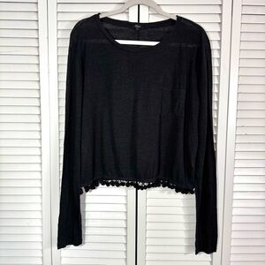 Rails Lara Black Pom Pom Trim Linen Blend Long Sleeve Top Slouchy Size Large